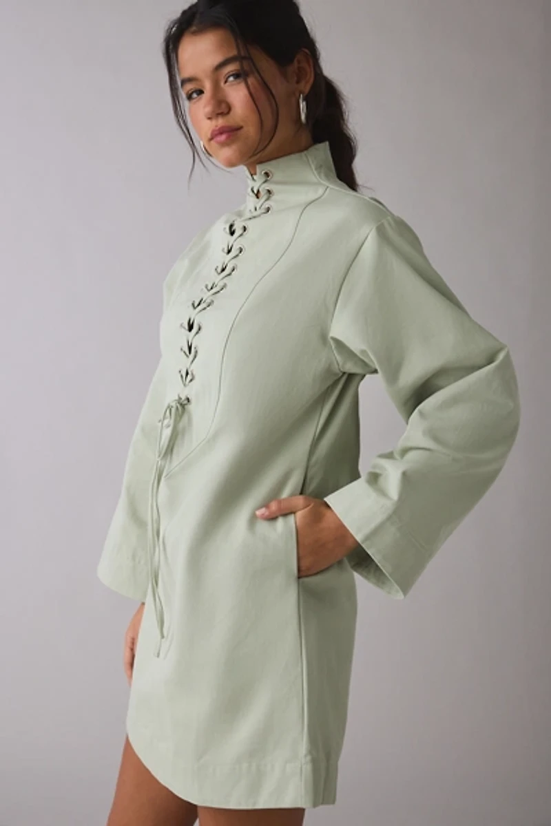 Ghospell Finna Eyelet Lace-Up Long Sleeve Mini Dress