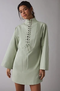 Ghospell Finna Eyelet Lace-Up Long Sleeve Mini Dress