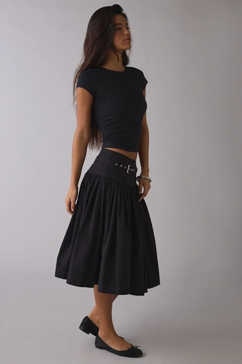 Ghospell Lena Drop Waist Belted Midi Skirt