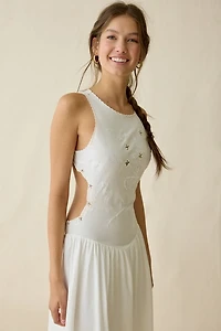 Frankies Bikinis Soleil Embroidered Backless Midi Dress