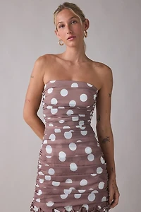 Elliatt Sola Polka Dot Ruched Strapless Maxi Dress