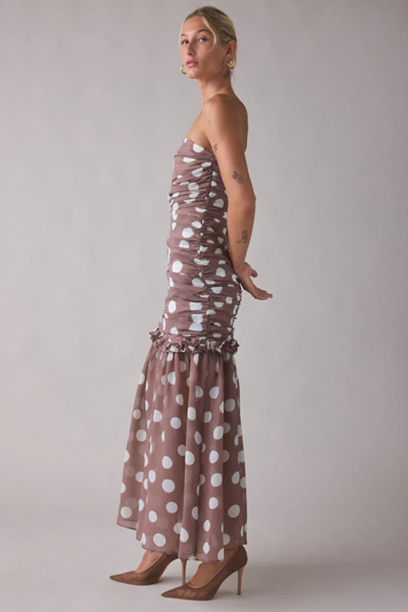 Elliatt Sola Polka Dot Ruched Strapless Maxi Dress