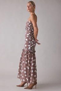 Elliatt Sola Polka Dot Ruched Strapless Maxi Dress