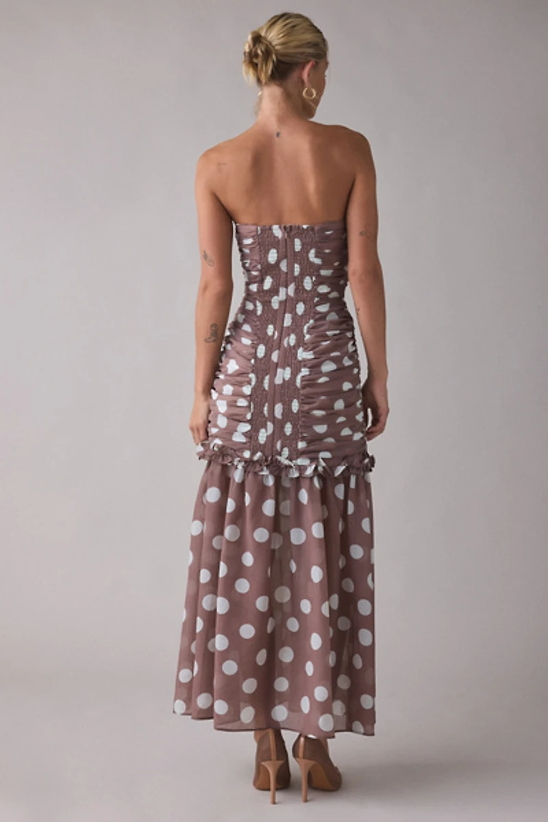 Elliatt Sola Polka Dot Ruched Strapless Maxi Dress