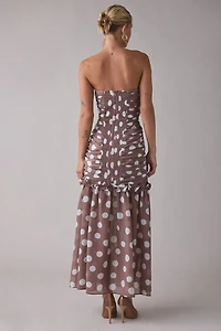 Elliatt Sola Polka Dot Ruched Strapless Maxi Dress