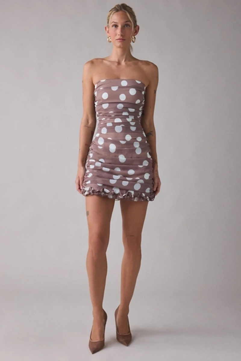 Elliatt Sola Polka Dot Ruched Strapless Maxi Dress