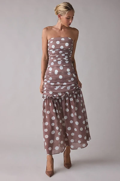 Elliatt Sola Polka Dot Ruched Strapless Maxi Dress