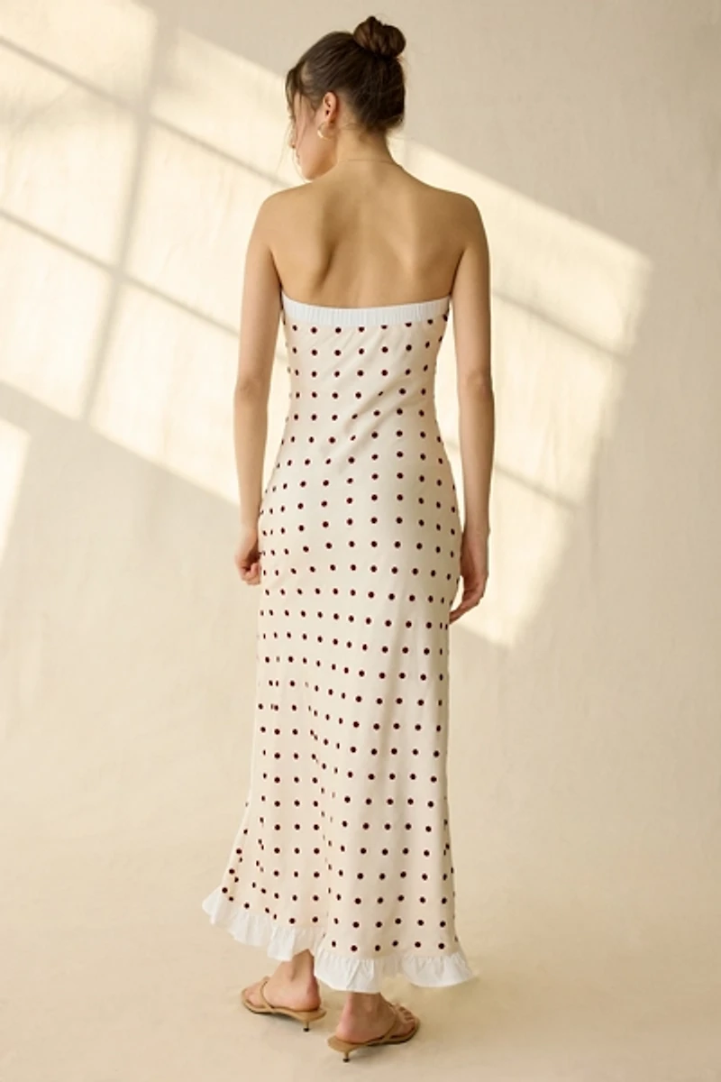 Maude Club Donni Polka Dot Scarf Detail Strapless Maxi Dress