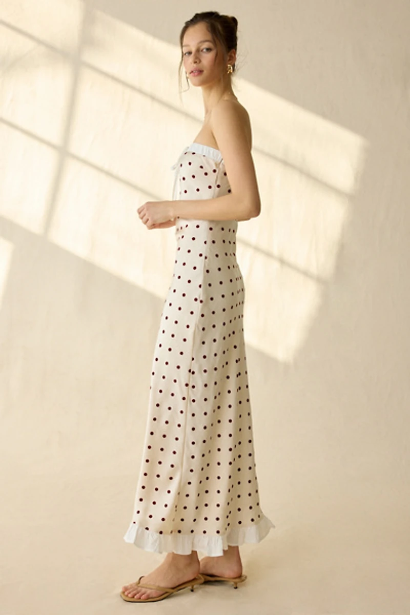 Maude Club Donni Polka Dot Scarf Detail Strapless Maxi Dress