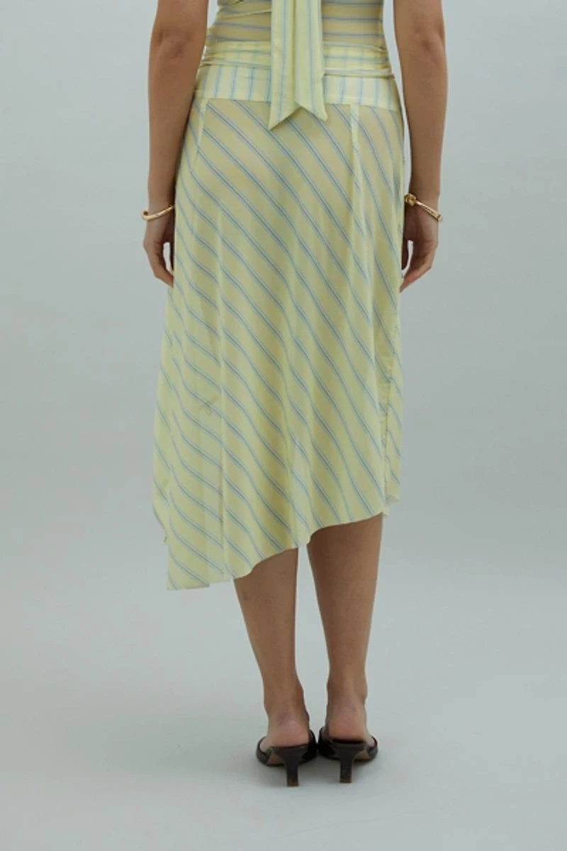 House Of Sunny Striped Sheer Mesh Asymmetric Midi Skirt