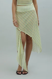 House Of Sunny Striped Sheer Mesh Asymmetric Midi Skirt
