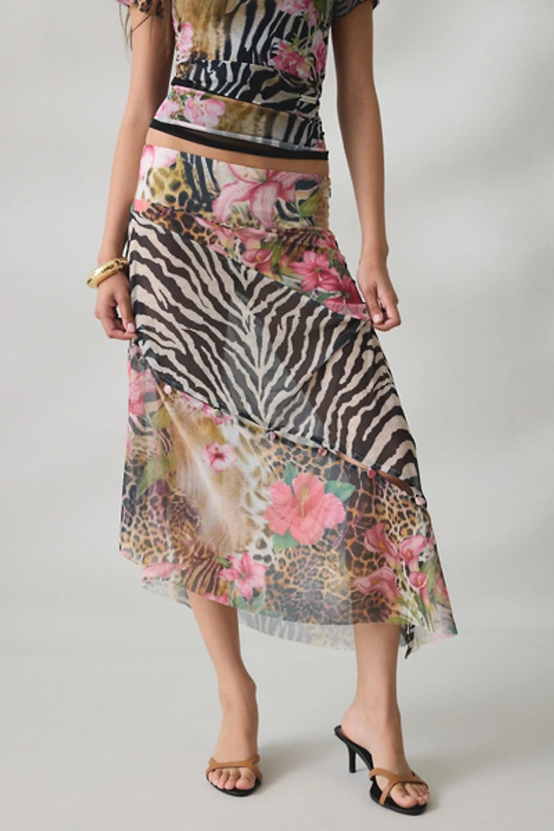 House Of Sunny Sheer Tropical Mesh Asymmetric Midi Skirt