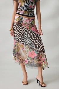 House Of Sunny Sheer Tropical Mesh Asymmetric Midi Skirt