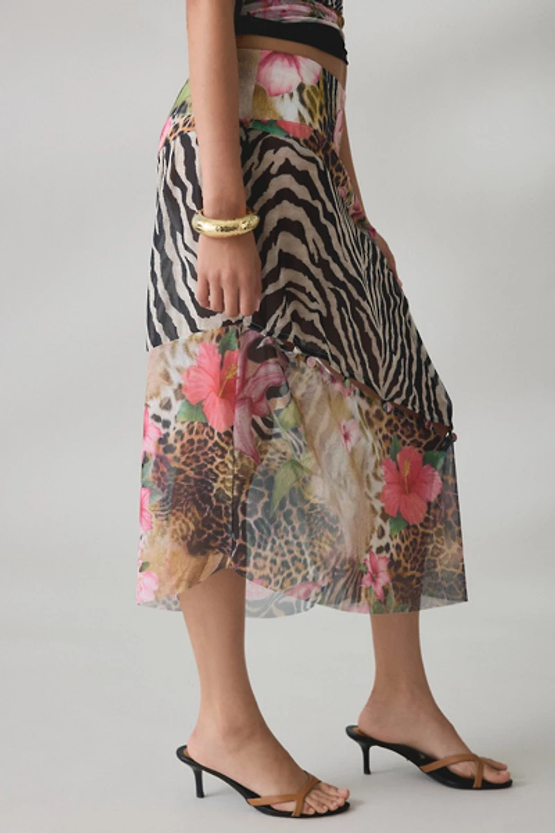 House Of Sunny Sheer Tropical Mesh Asymmetric Midi Skirt