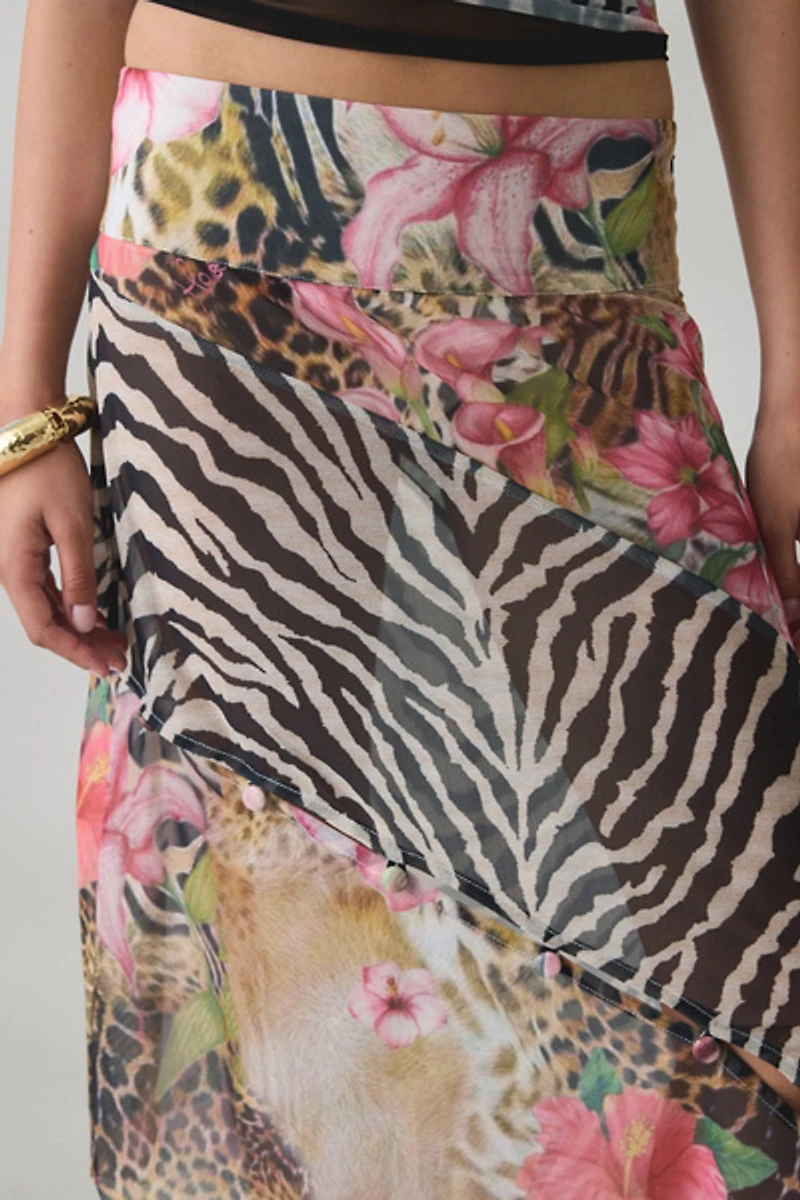 House Of Sunny Sheer Tropical Mesh Asymmetric Midi Skirt