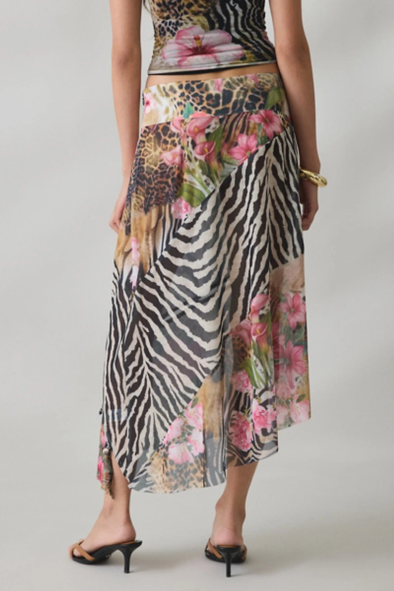 House Of Sunny Sheer Tropical Mesh Asymmetric Midi Skirt