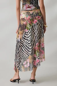 House Of Sunny Sheer Tropical Mesh Asymmetric Midi Skirt
