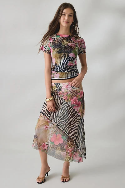 House Of Sunny Sheer Tropical Mesh Asymmetric Midi Skirt