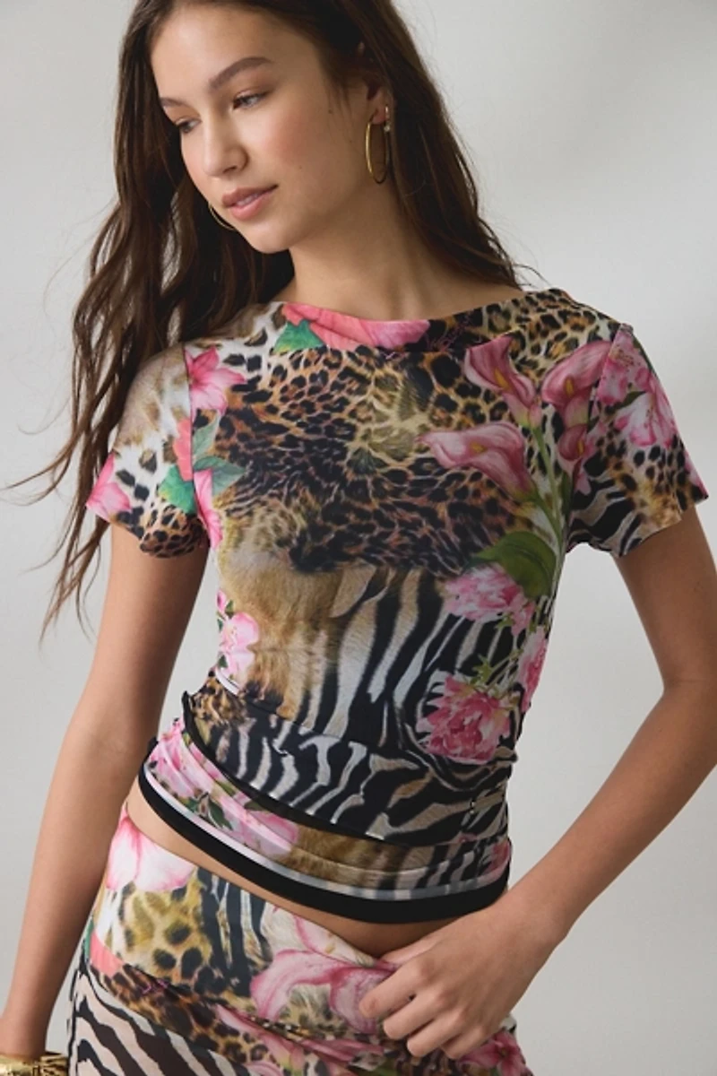 House Of Sunny Tropical Mesh Short Sleeve Top
