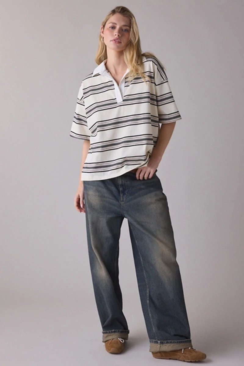 NIA Ronda Oat Striped Oversized Short Sleeve Polo Top