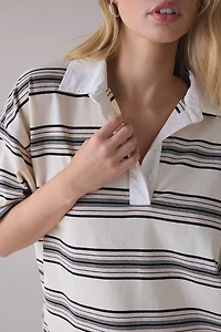 NIA Ronda Oat Striped Oversized Short Sleeve Polo Top