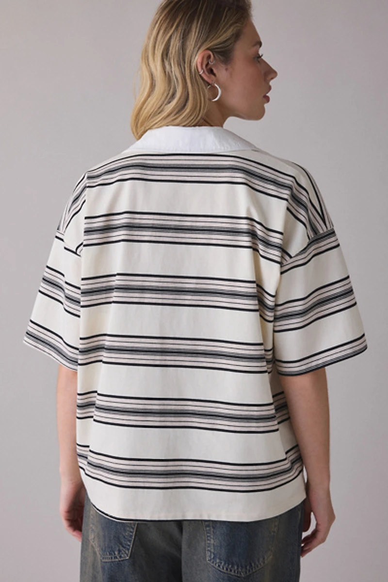 NIA Ronda Oat Striped Oversized Short Sleeve Polo Top