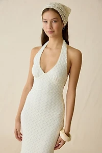 NIA Pluma Keyhole Cutout Plunging Halter Neck Maxi Dress