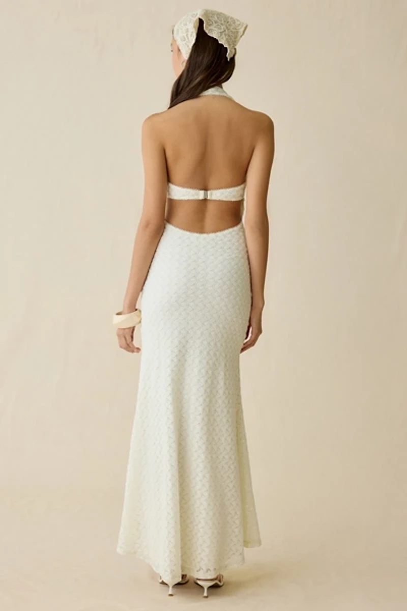 NIA Pluma Keyhole Cutout Plunging Halter Neck Maxi Dress