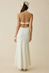 NIA Pluma Keyhole Cutout Plunging Halter Neck Maxi Dress