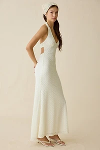NIA Pluma Keyhole Cutout Plunging Halter Neck Maxi Dress