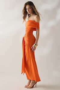 NIA Calista Ruched Tie-Front Off-The-Shoulder Maxi Dress