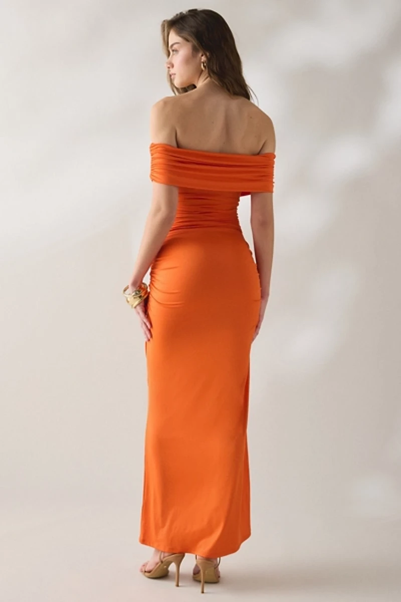 NIA Calista Ruched Tie-Front Off-The-Shoulder Maxi Dress