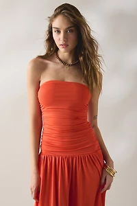 NIA Santal Ruched Drop Waist Strapless Maxi Dress