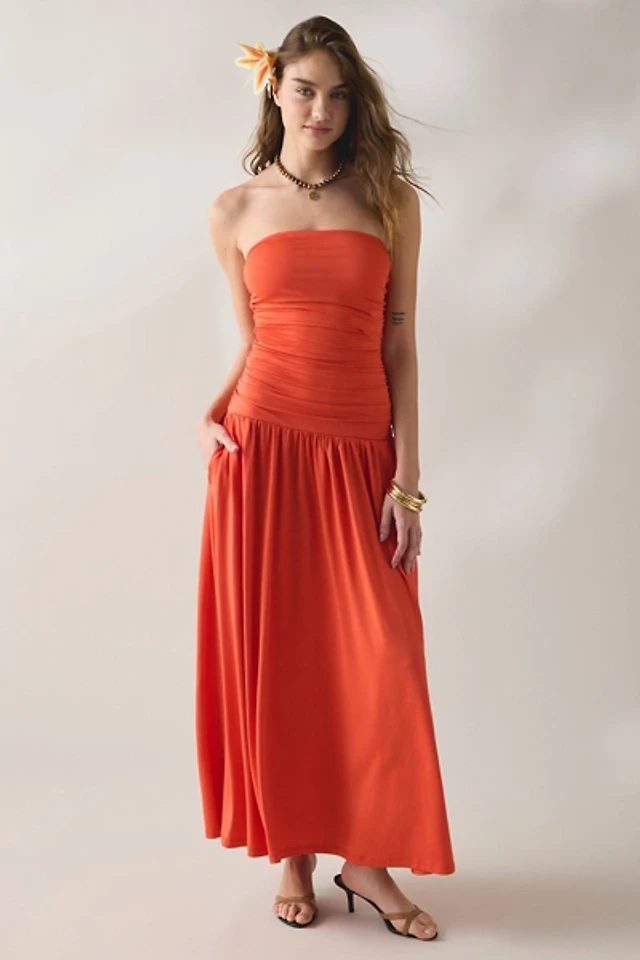 bhldn strapless drop-waist fit & flare jacquard maxi dress BHLDN Strapless Drop-Waist Fit & Flare Jacquard Maxi Dress