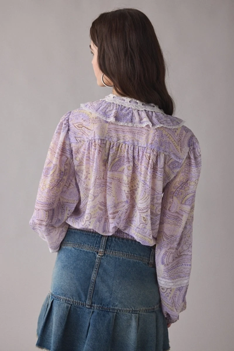 Kimchi Blue Cecelia Sheer Lace Trim Ruffle Long Sleeve Blouse