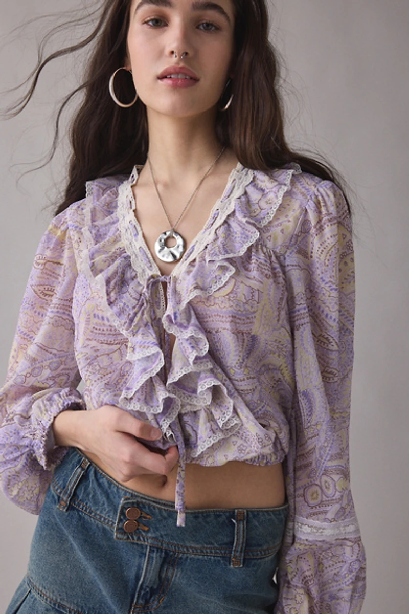 Kimchi Blue Cecelia Sheer Lace Trim Ruffle Long Sleeve Blouse