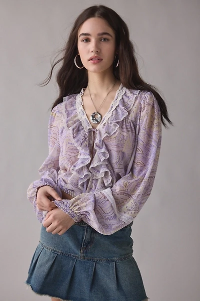Kimchi Blue Cecelia Sheer Lace Trim Ruffle Long Sleeve Blouse