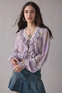 Kimchi Blue Cecelia Sheer Lace Trim Ruffle Long Sleeve Blouse