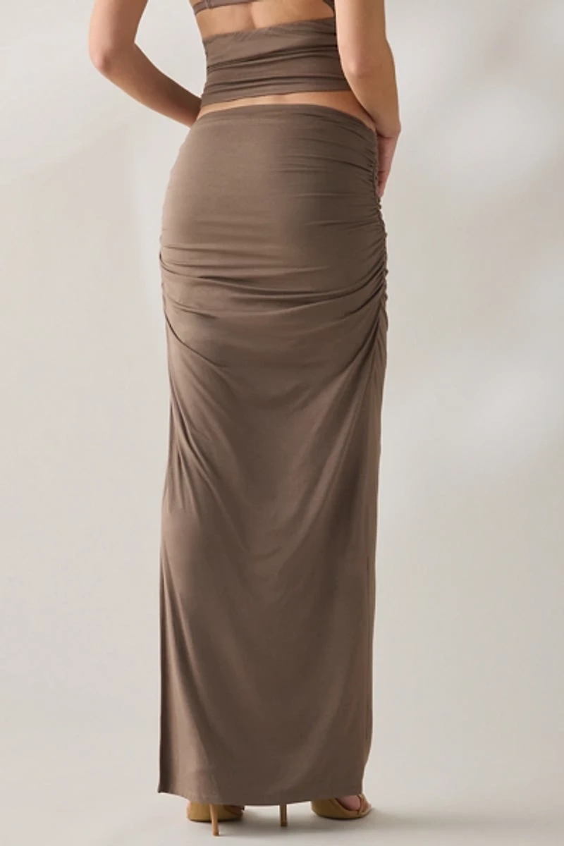 NIA Selena Ruched Side-Slit Maxi Skirt