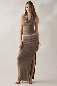 NIA Selena Ruched Side-Slit Maxi Skirt