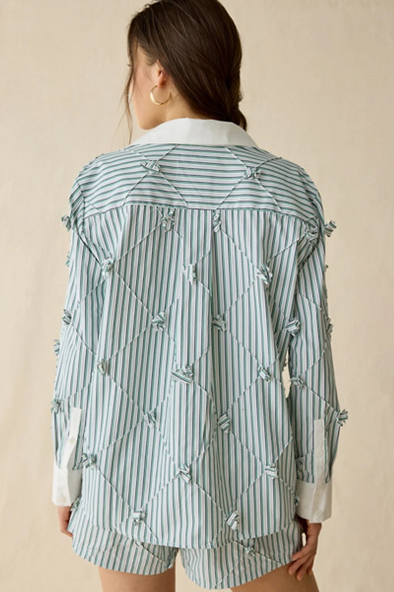 Maude Club Atlas Floral Applique Oversized Button-Down Shirt