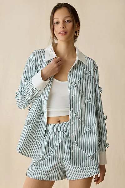 Maude Club Atlas Floral Applique Oversized Button-Down Shirt