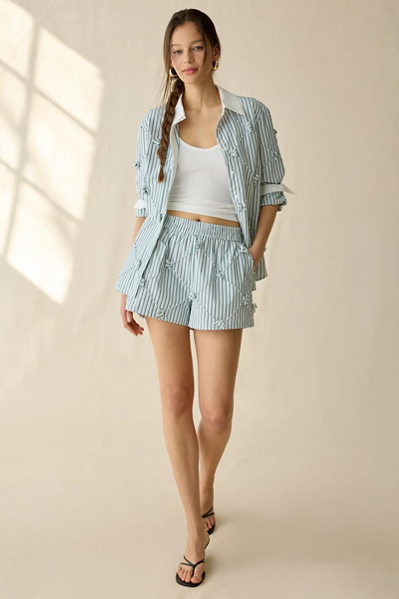 Maude Club Porter Floral Applique Striped Shorts
