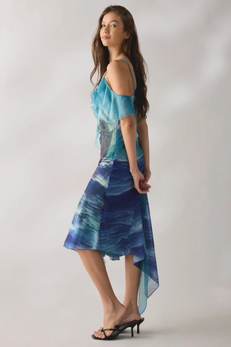Tyler McGillivary Isla Wreckage Asymmetric Ruffle Midi Dress
