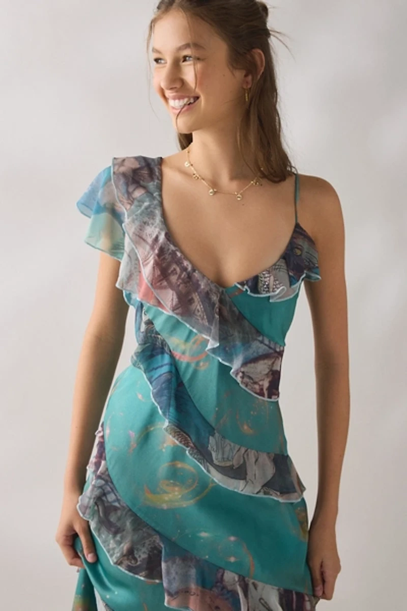 Tyler McGillivary Cordelia Bubble Siren Asymmetric Ruffle Maxi Dress