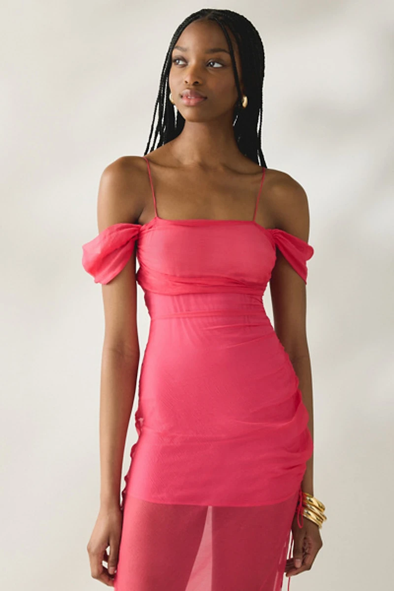 Tyler McGillivary Delphie Sheer Asymmetric Cold-Shoulder Midi Dress