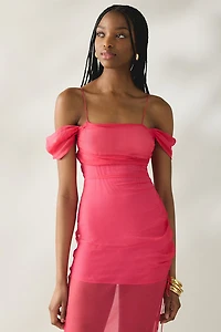 Tyler McGillivary Delphie Sheer Asymmetric Cold-Shoulder Midi Dress