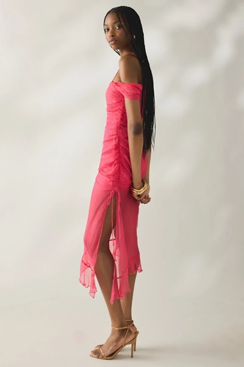 Tyler McGillivary Delphie Sheer Asymmetric Cold-Shoulder Midi Dress