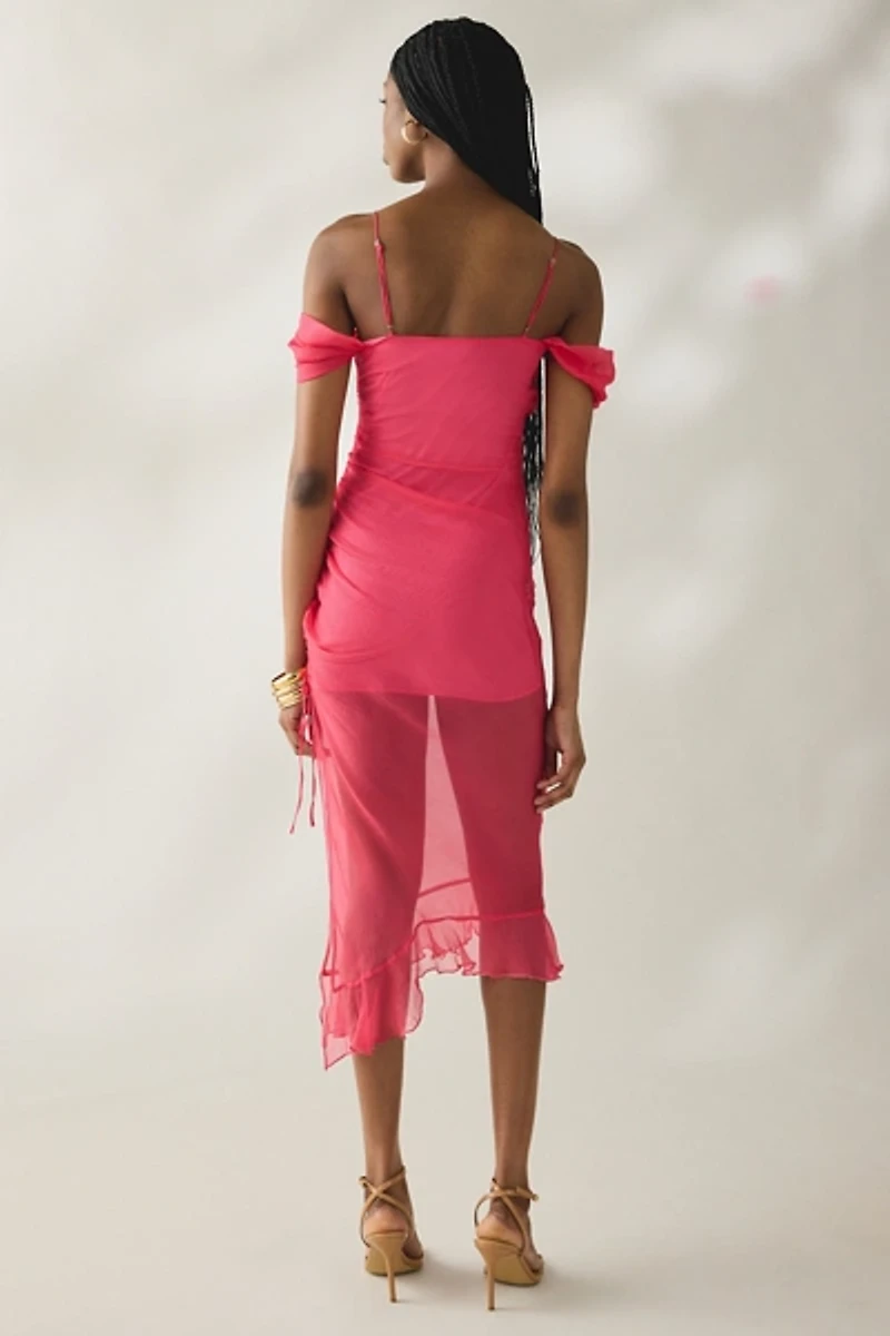 Tyler McGillivary Delphie Sheer Asymmetric Cold-Shoulder Midi Dress