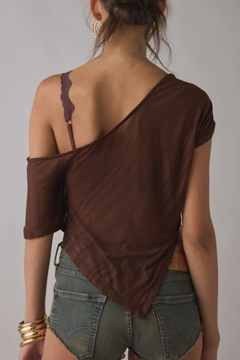 UO Bia Sheer Stripe Asymmetric Off-The-Shoulder Poncho